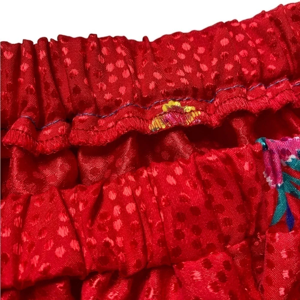 Handmade Red Shiny Polka Dot and Floral Midi Skirt